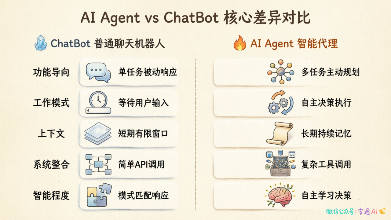 AI Agent 与 ChatBot 5 大核心差异对比表,包含功能导向、工作模式、上下文、系统整合、智能程度