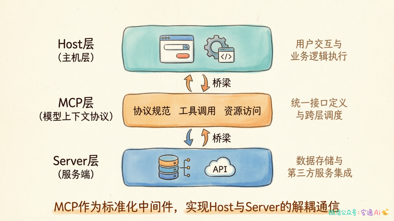 Host-Client-Server三层架构的详细分层图,展示各层职责和通信方式