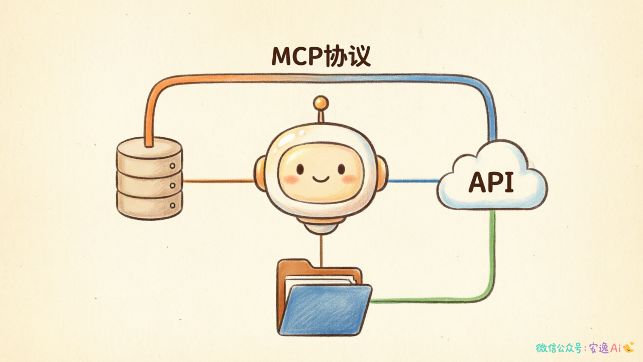 AI模型通过MCP协议连接数据库、API、文件系统等多种外部工具的连接示意图