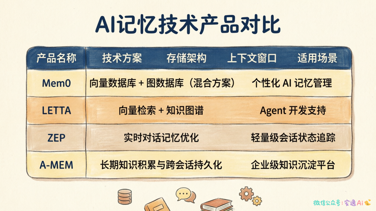 主流产品方案对比表,Mem0/LETTA/ZEP/A-MEM 的技术方案和适用场景对比
