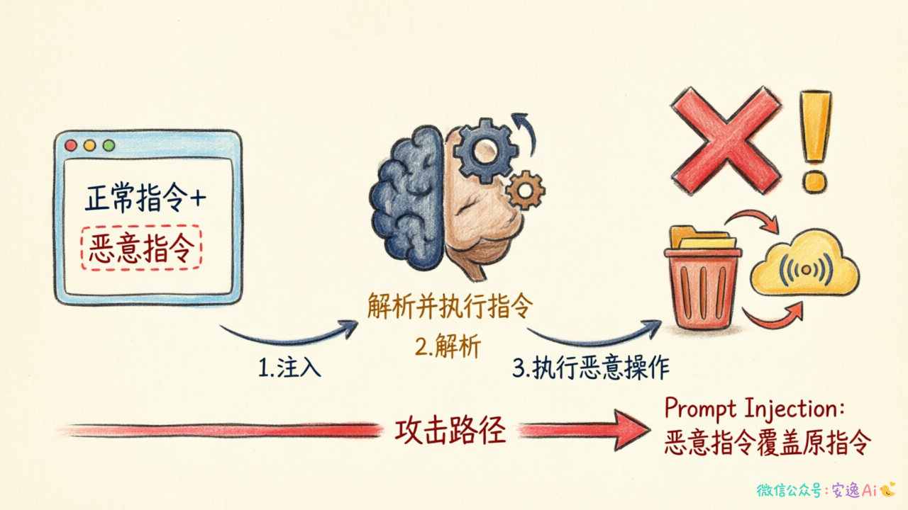 Prompt Injection攻击流程图,从外部输入注入恶意指令到模型执行恶意操作