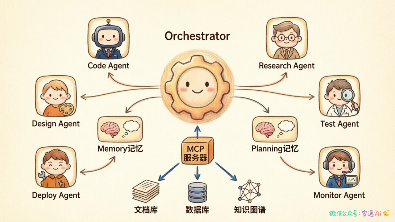 架构图展示Orchestrator、多Agent、Memory、Planning模块及MCP服务器连接多个数据源