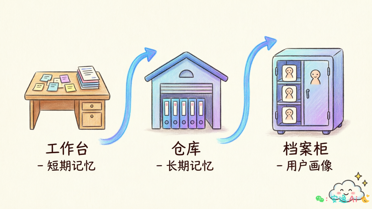 记忆系统三层架构图:工作台(短期记忆)→仓库(长期记忆)→档案柜(用户画像)