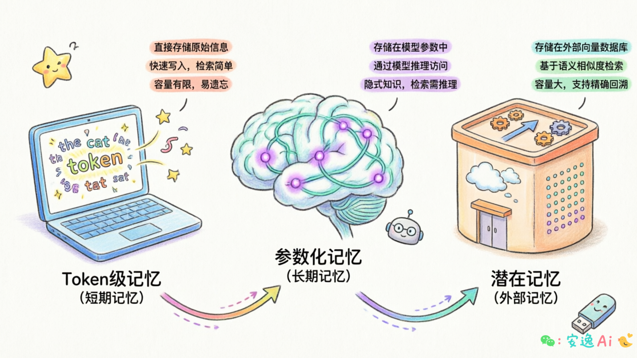 三种记忆形态对比图,展示Token级/参数化/潜在记忆的存储位置和访问方式差异