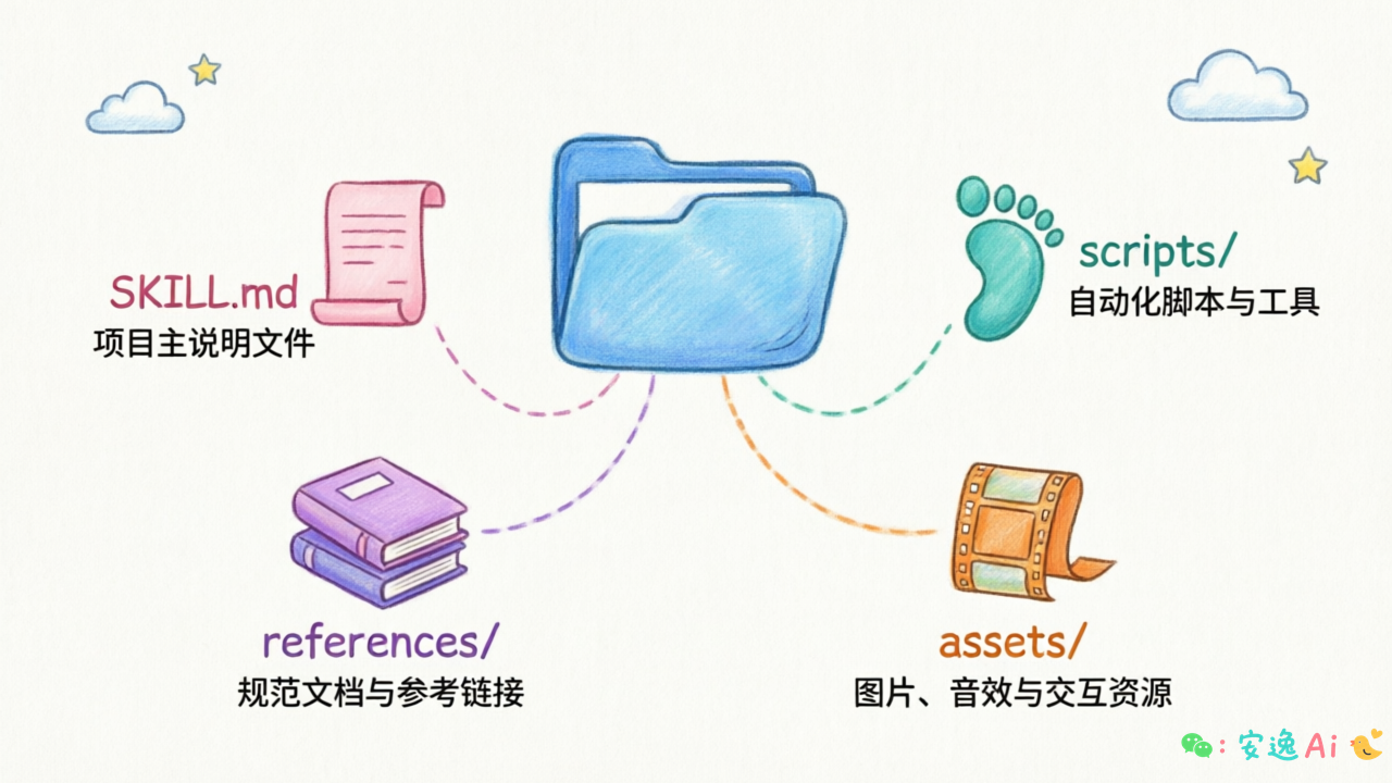 Skill 目录结构图,展示 SKILL.md、scripts/、references/、assets/ 的层级关系