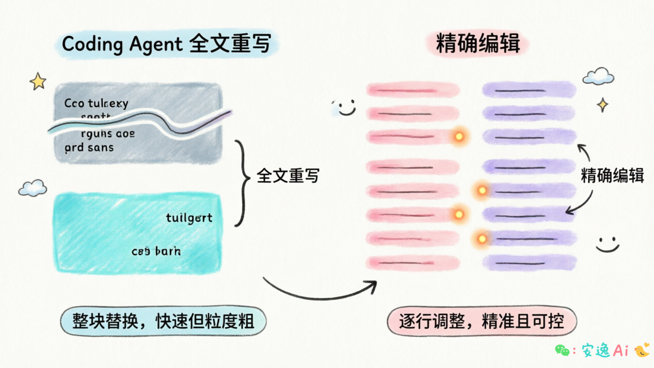 代码编辑模式对比图,左侧全文重写示意(整块替换),右侧精确编辑示意(局部修改)