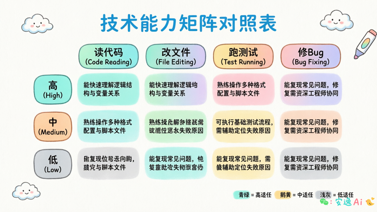 Coding Agent 能力矩阵图,展示任务适任度(高/中/低)与适用场景对照表