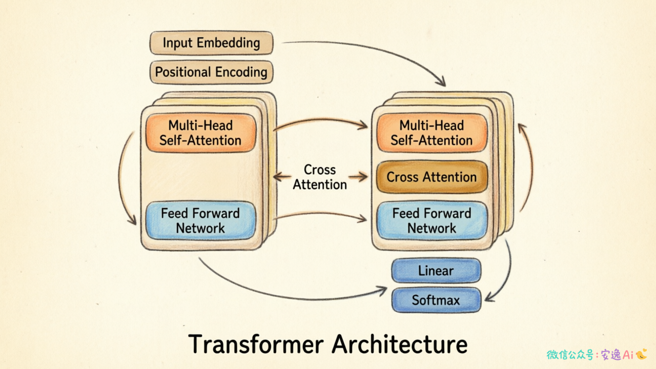 Transformer架构图,展示编码器-解码器结构和自注意力层的连接方式