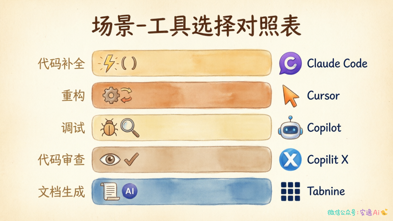 场景-工具选择对照表,展示各场景推荐的工具