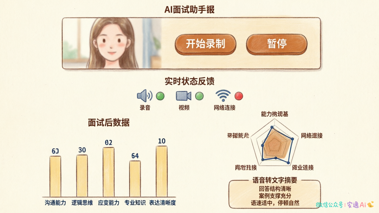 产品界面示意图,展示简洁的录制界面、实时状态反馈提示灯和面试结束后的数据可视化报告