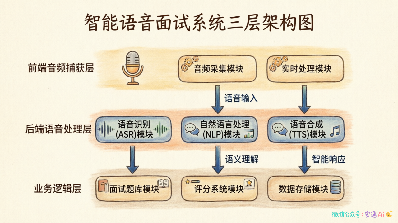 AI面试助手三层架构图,展示前端音频捕获层、后端语音处理层、业务逻辑层的数据流向和模块协作