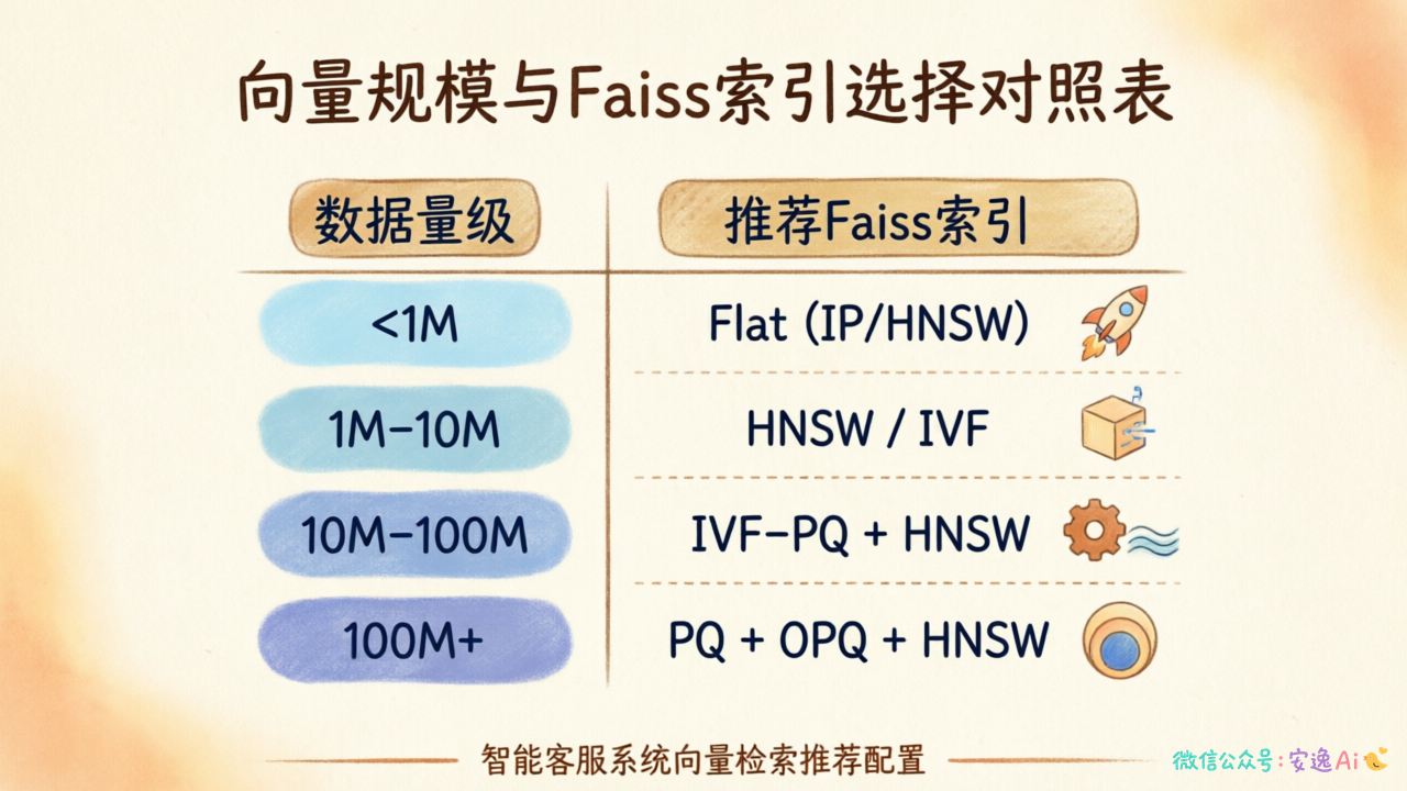 向量规模与索引选择对照表,展示不同数据量级别(<1M、1M-10M、10M-100M、100M+)对应的推荐Faiss索引配置
