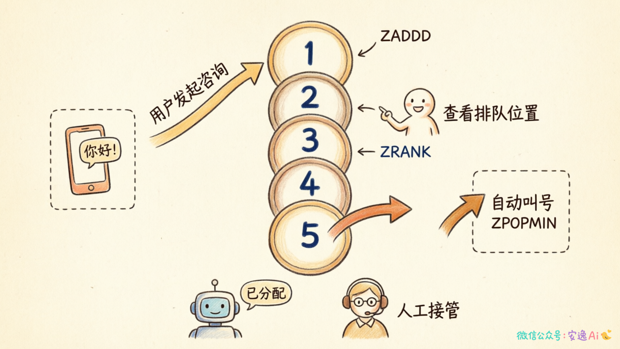 Redis有序集合排队系统示意图,展示ZADD用户入队、ZRANK查看排名、ZPOPMIN自动叫号的操作流程
