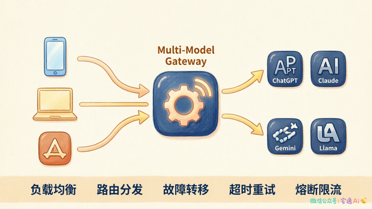 AI网关在系统架构中的位置，连接客户端与多个模型服务