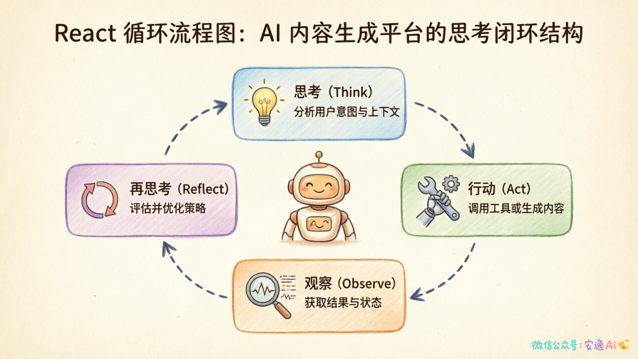 ReAct循环流程图,展示思考→行动→观察→再思考的闭环结构