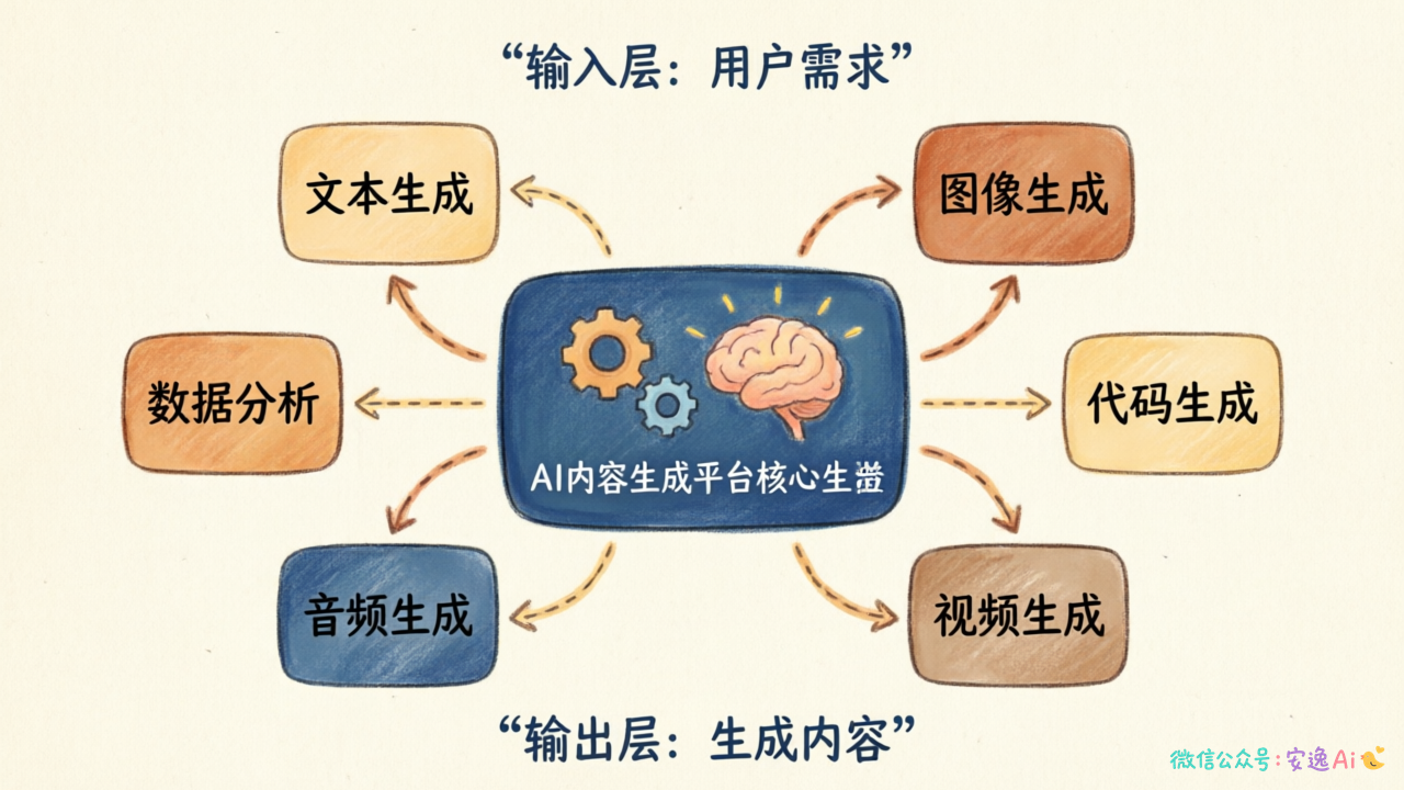 AI内容生成平台架构图,展示六种模式在平台中的位置与协作关系