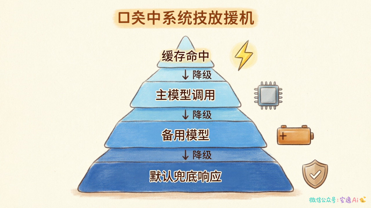 多级降级金字塔图,从上到下依次为缓存命中、主模型调用、备用模型、默认兜底响应