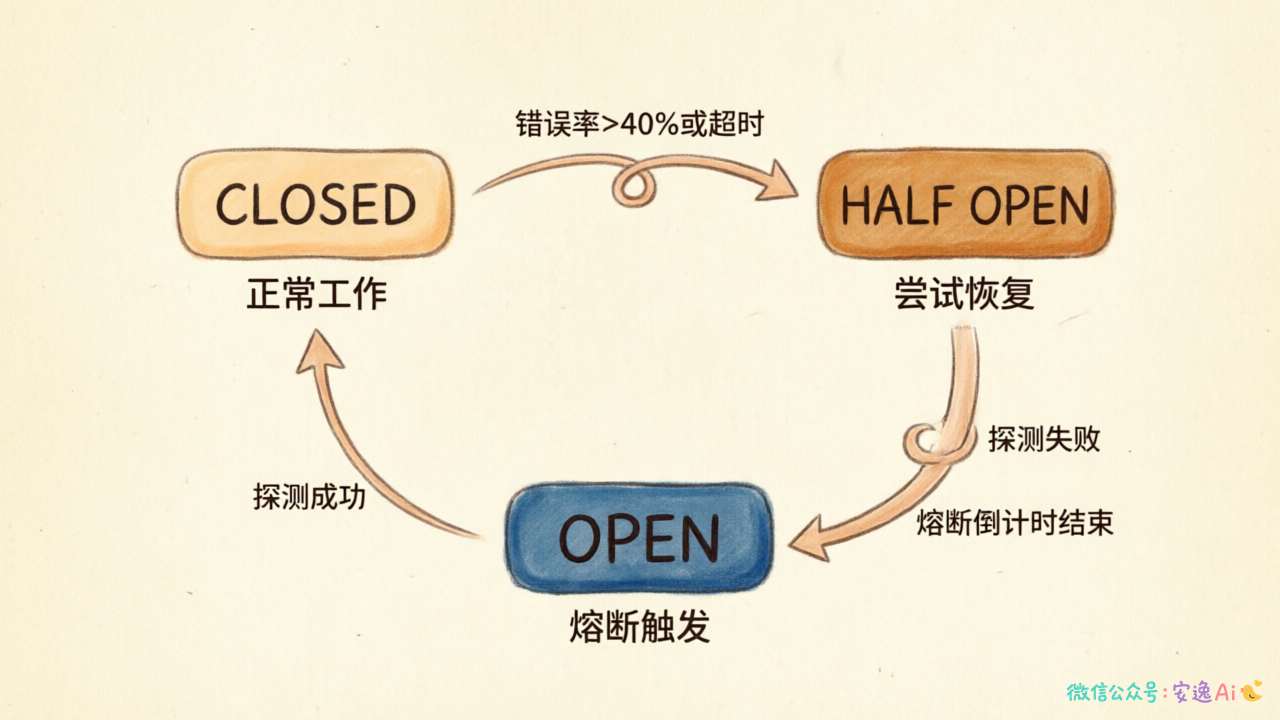 熔断器状态转换图,显示CLOSED/OPEN/HALF_OPEN三态及错误率大于40%等触发条件