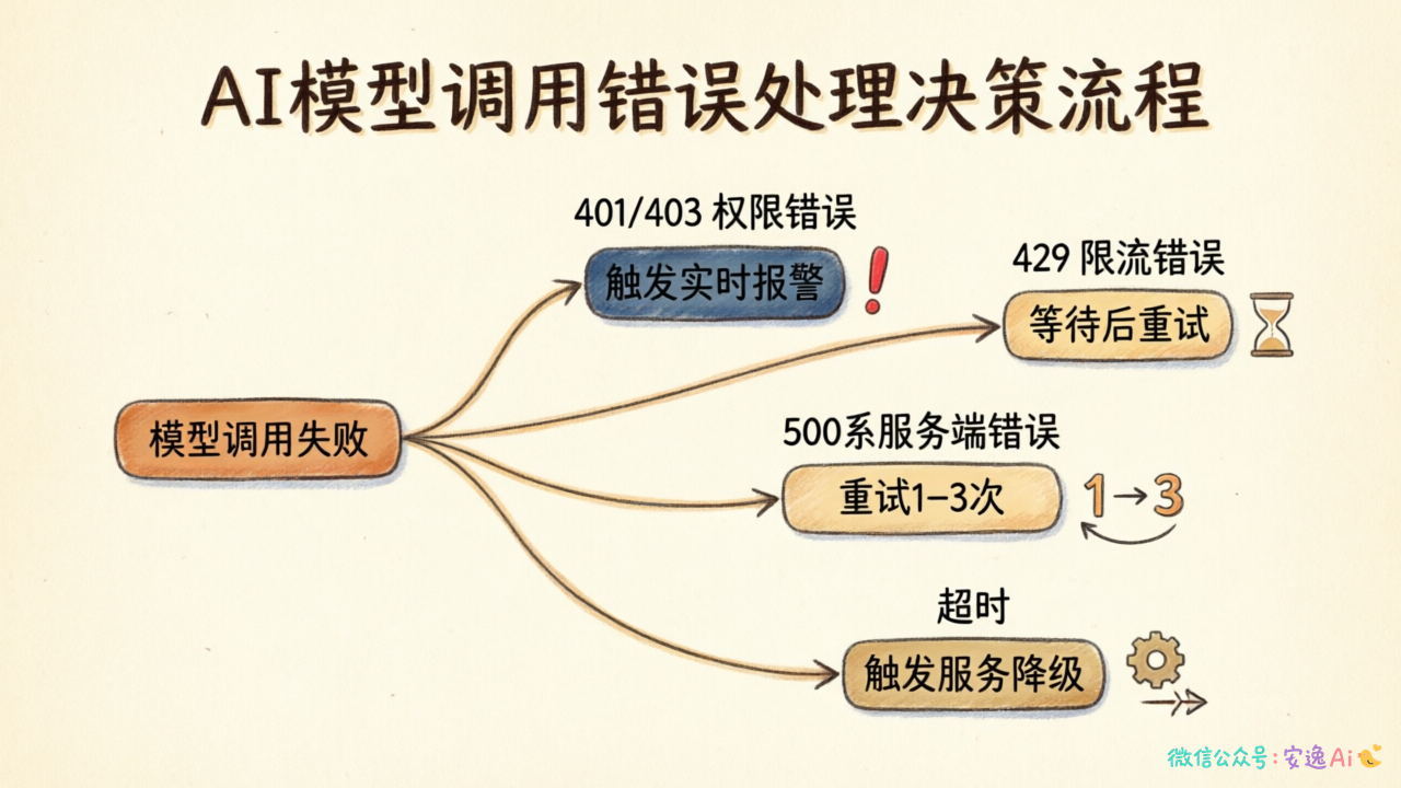 错误分类处理流程图,横向标注401/403直接报警、429等待重试、500系重试1-3次、超时触发降级的决策分支