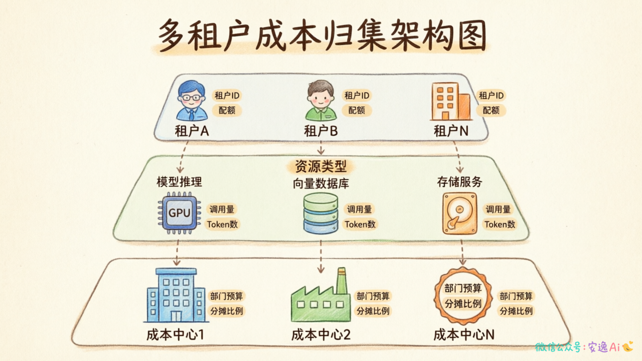 多租户成本归集架构图,展示租户→资源类型→成本中心的分层映射
