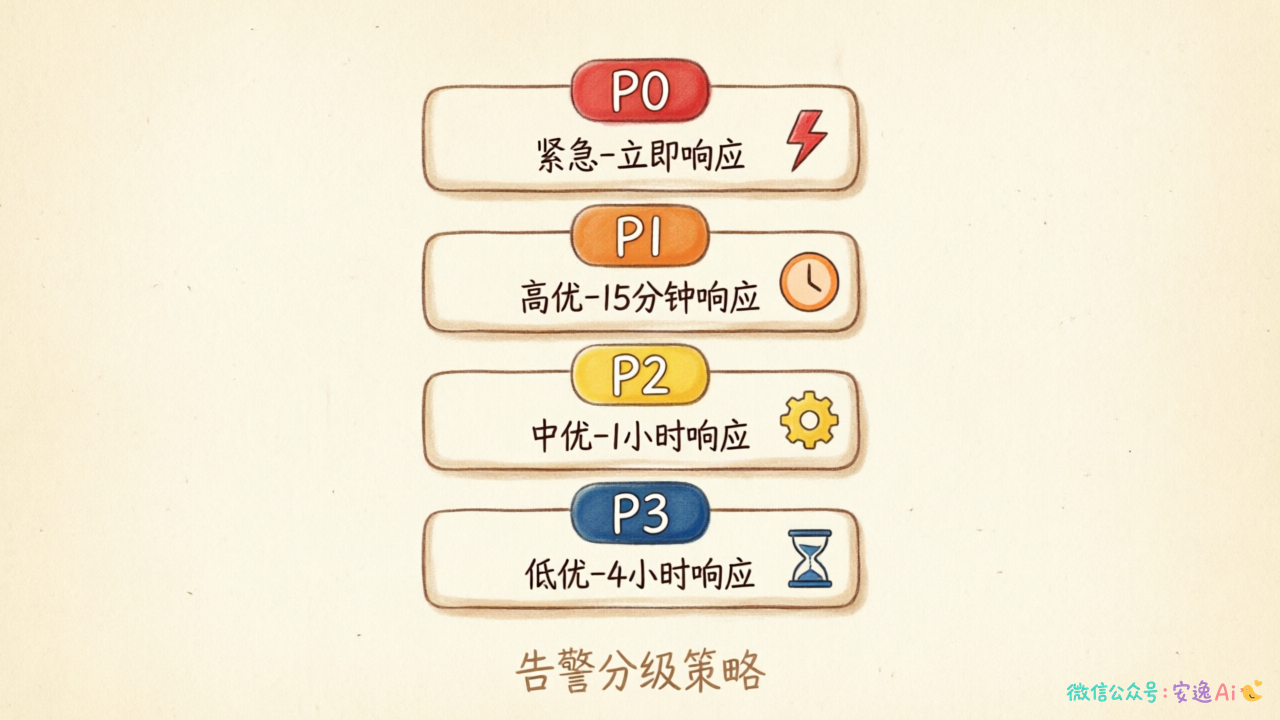 告警分级策略示意图,展示P0-P3分级标准及对应的响应时效要求