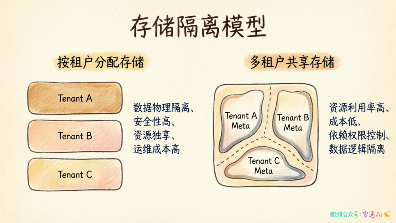 存储隔离模型对比图,左侧按租户分配存储(多个独立存储池),右侧多租户共享存储(统一存储+元数据隔离),含优缺点对比