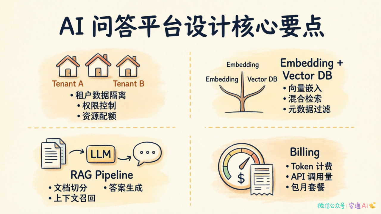 面试回答要点总结图,展示多租户隔离、存储模型、RAG架构、计费体系四大模块的核心要点