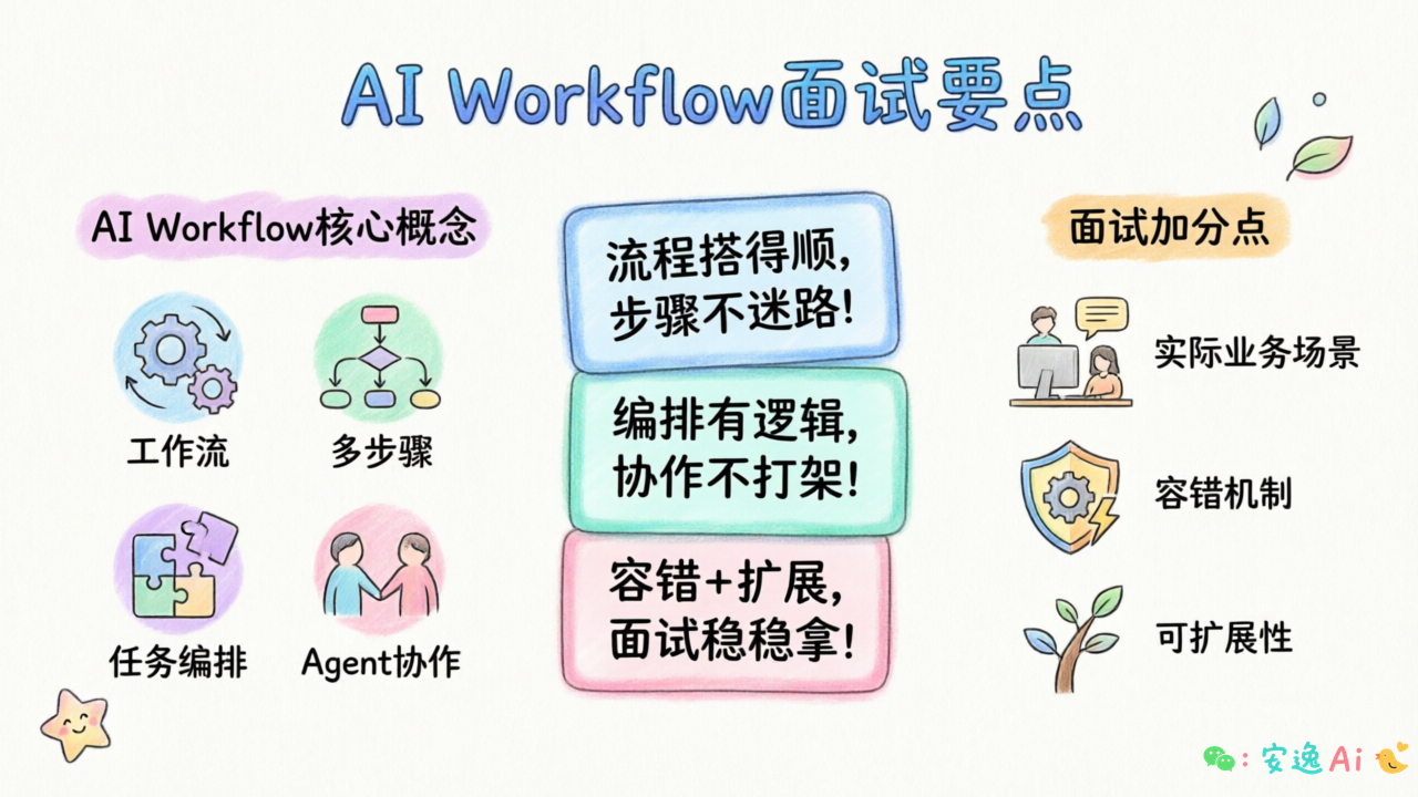 面试回答要点总结图,AI Workflow 核心概念、快速记忆口诀、面试加分点一览