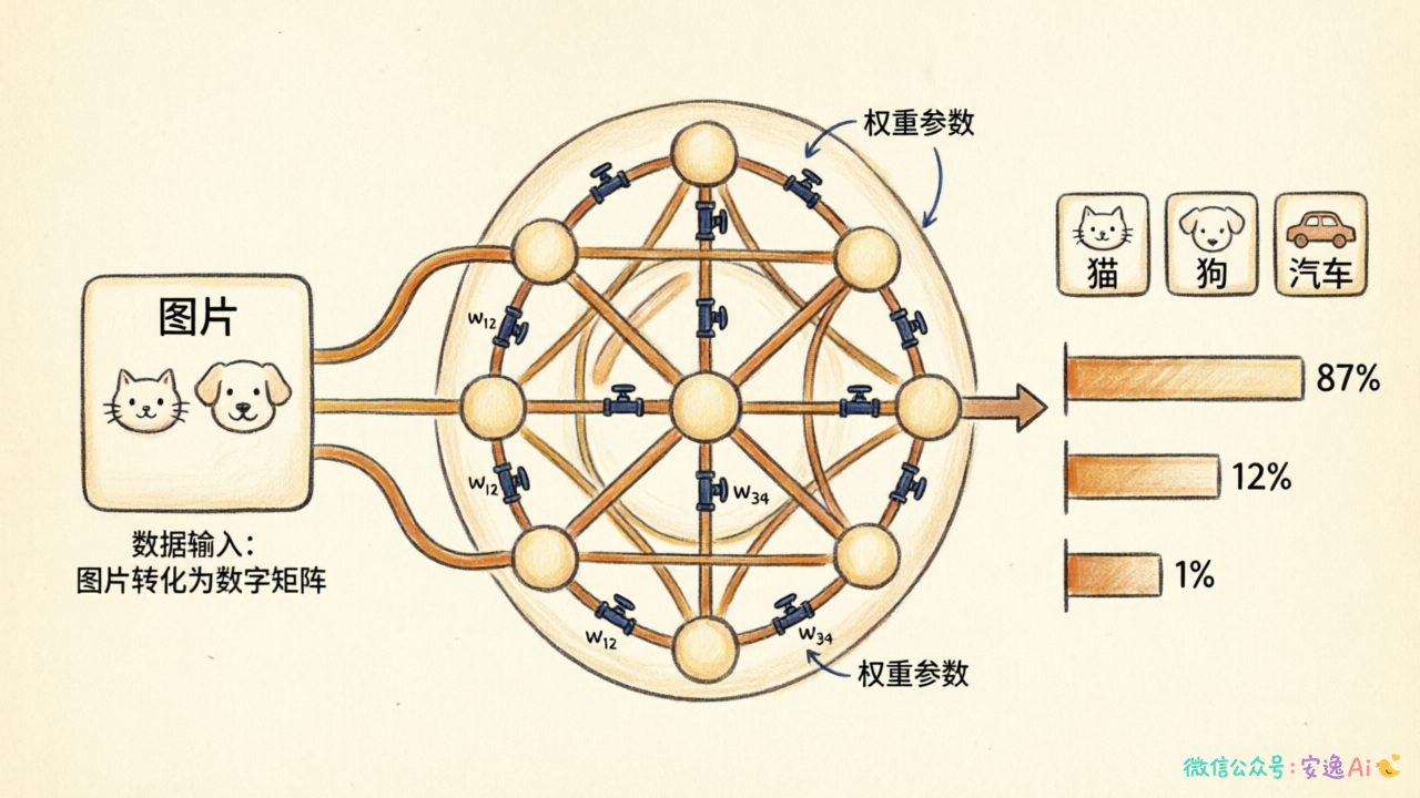 水管网流程示意图,左侧是数据输入(图片转化为数字),中间是多层网络管道带阀门,右侧是输出分类(猫、狗、汽车等)