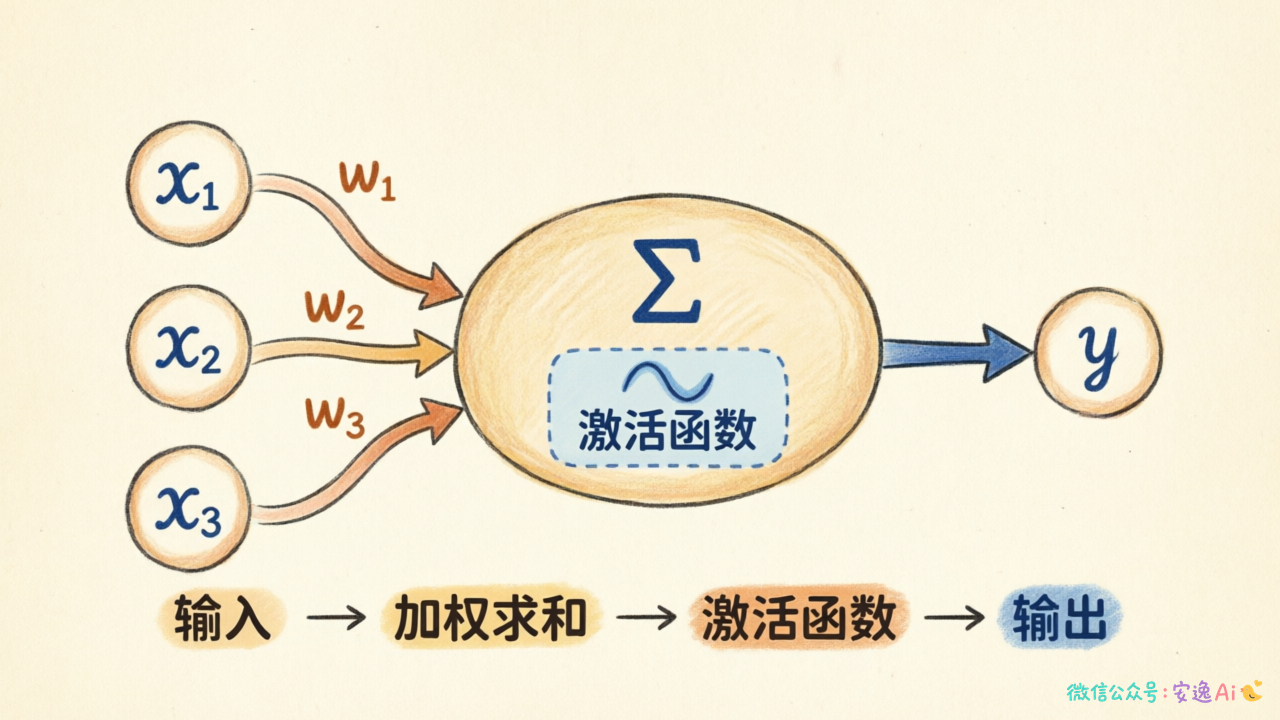 神经网络单个神经元工作流程图,显示输入加权求和、激活函数处理、输出的完整过程