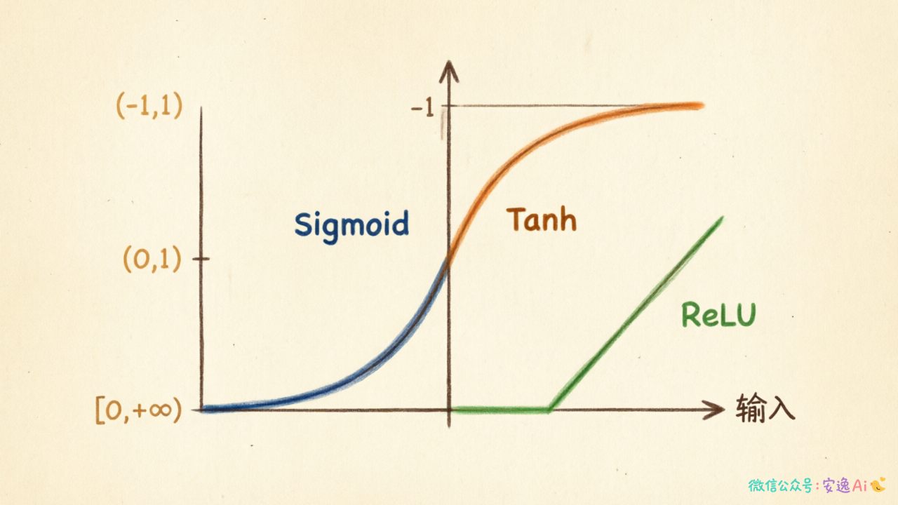 同一坐标系下Sigmoid、Tanh、ReLU三条激活函数曲线,标注各函数值域范围