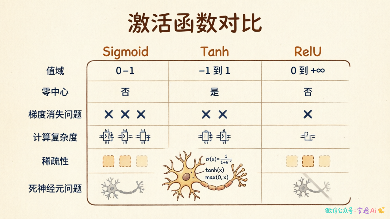Sigmoid、Tanh、ReLU六维度对比表格,包含值域、零中心、梯度消失、计算复杂度、稀疏性、死神经元问题