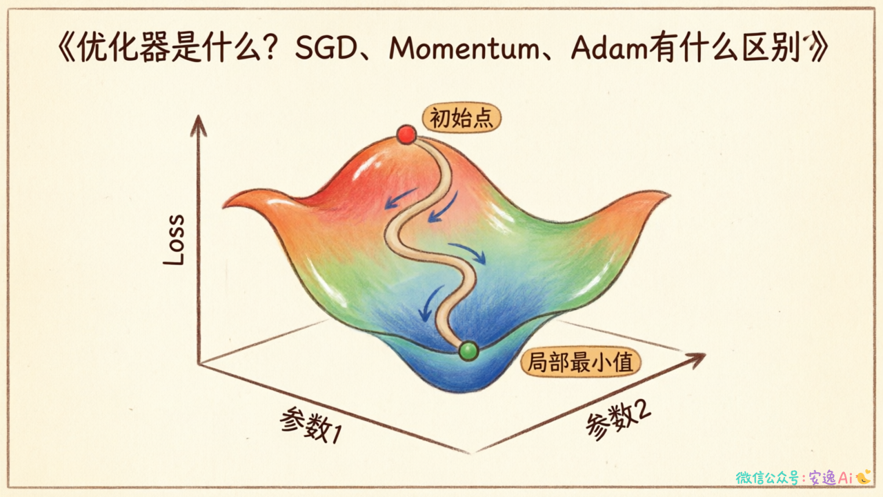 三维Loss曲面图展示参数从高Loss点沿曲面下降至局部最小值,标注梯度方向箭头