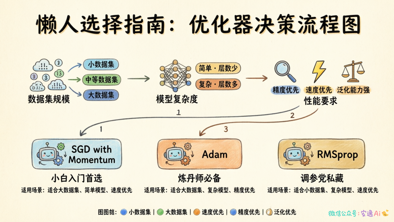 优化器选择决策流程图,从数据集规模→模型复杂度→性能要求的懒人选择指南