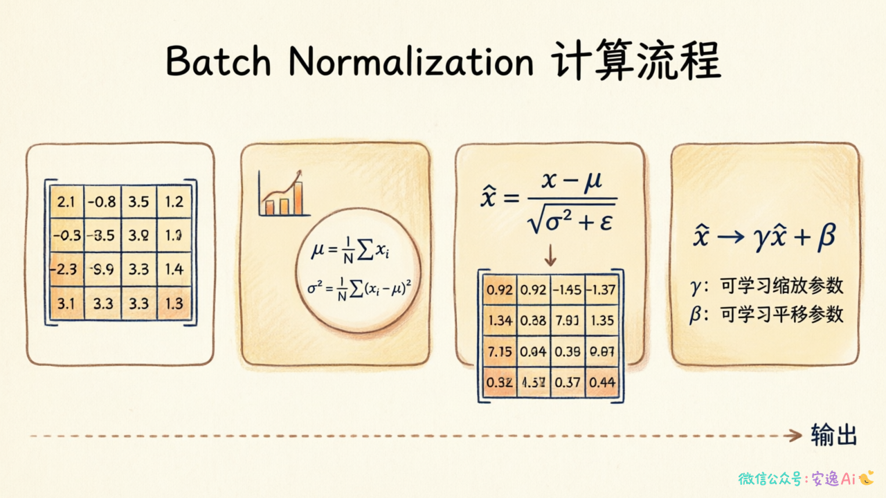 Batch Normalization 计算流程图,展示 mini-batch 均值方差计算和归一化过程