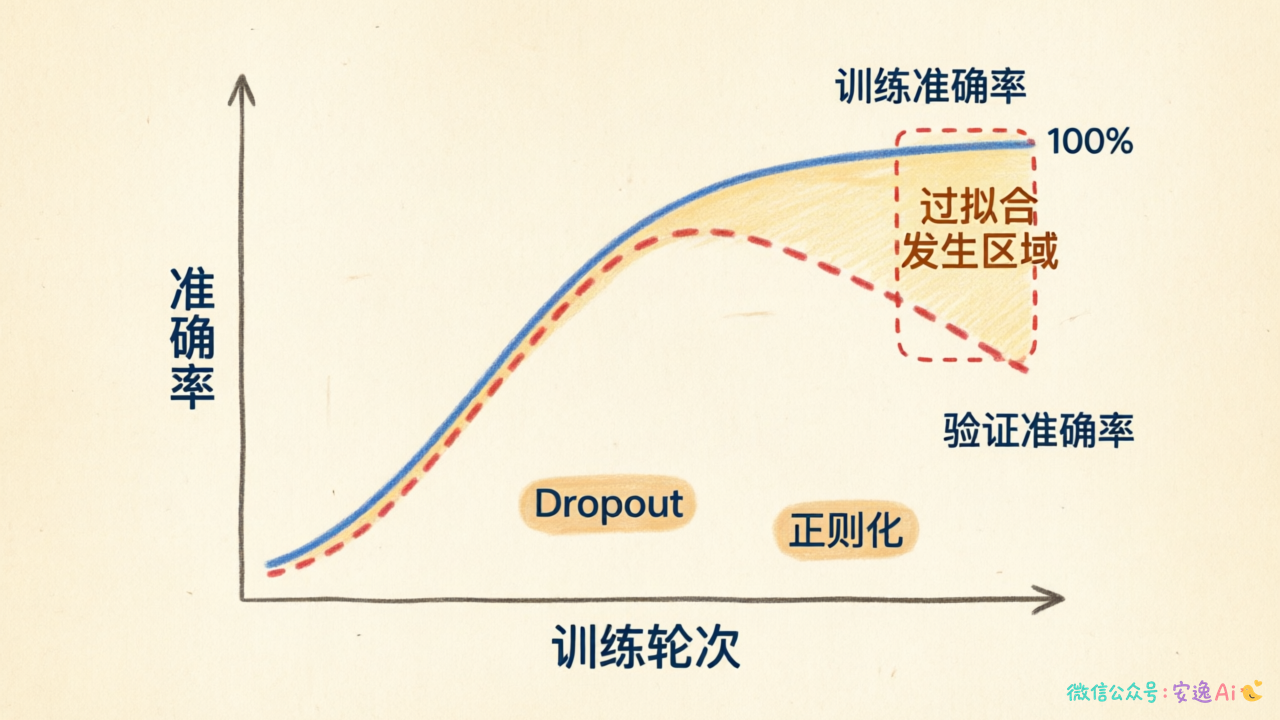 训练准确率和验证准确率随训练轮次变化的曲线图,形成明显的剪刀差,标识过拟合发生的位置