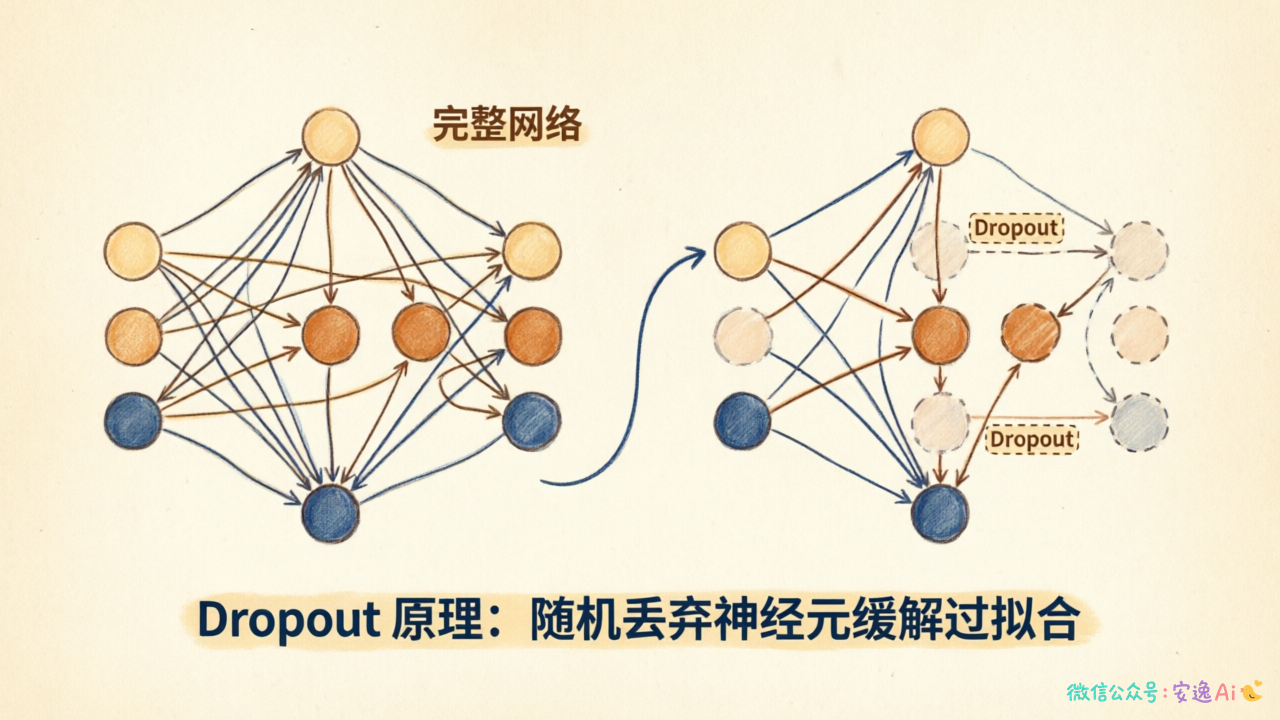 左图为完整的全连接网络,右图为随机丢弃部分神经元后的子网络,丢弃的神经元用虚线表示