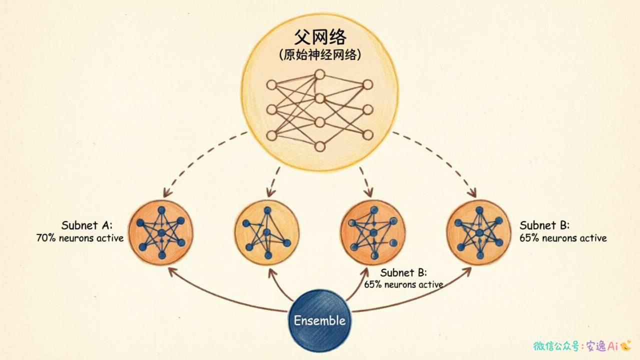 树状结构图展示从父网络采样出多个子网络的过程,底部汇总表示预测结果的集成