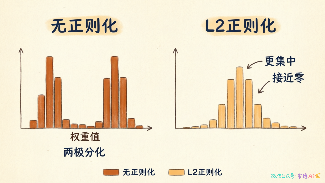 对比图展示未正则化的权重分布呈两极分化,部分值极大;L2 正则化后的权重分布更集中,更接近零
