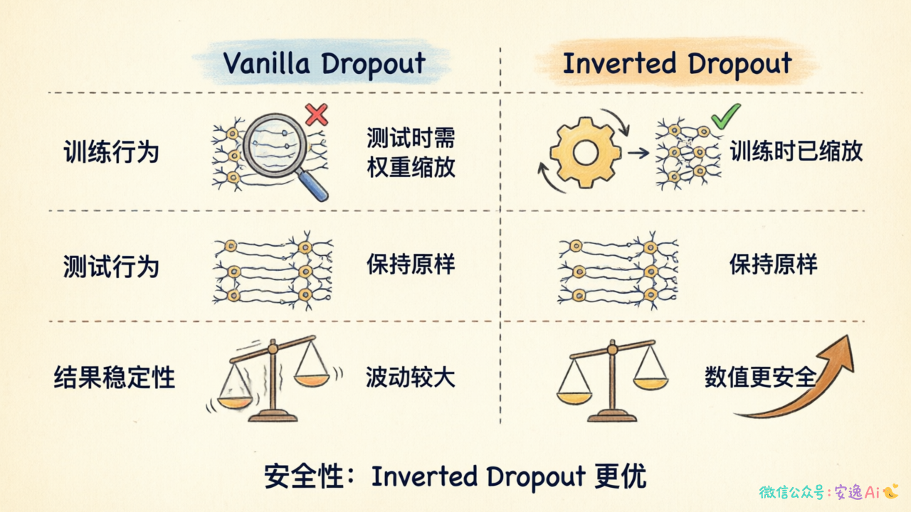 对比表展示 Vanilla Dropout 和 Inverted Dropout 在训练行为、测试行为、结果稳定性三个维度的差异