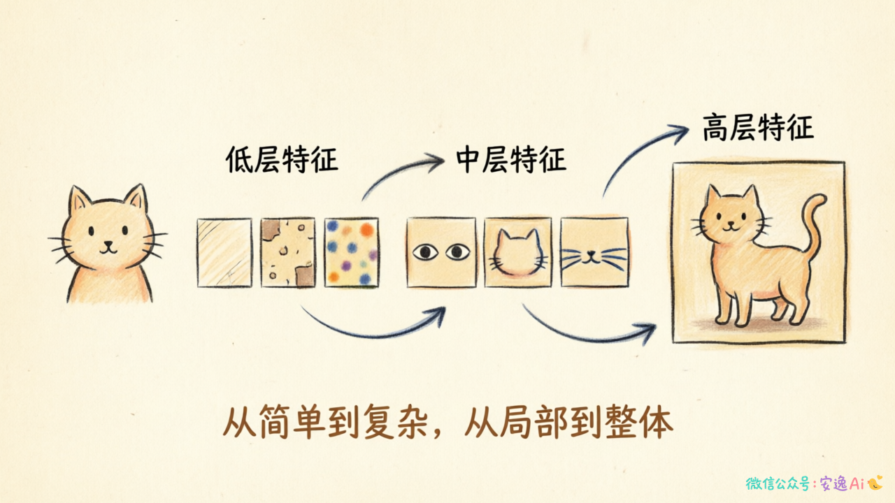 CNN层次化特征学习图,展示从边缘、纹理等低层特征,逐步组合成部件和完整物体的高层特征