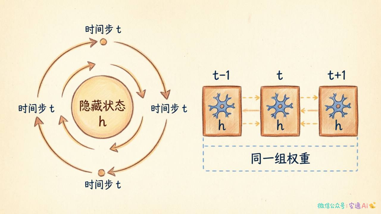 RNN循环结构与时间展开对比图,标注隐藏状态循环和权重共享机制