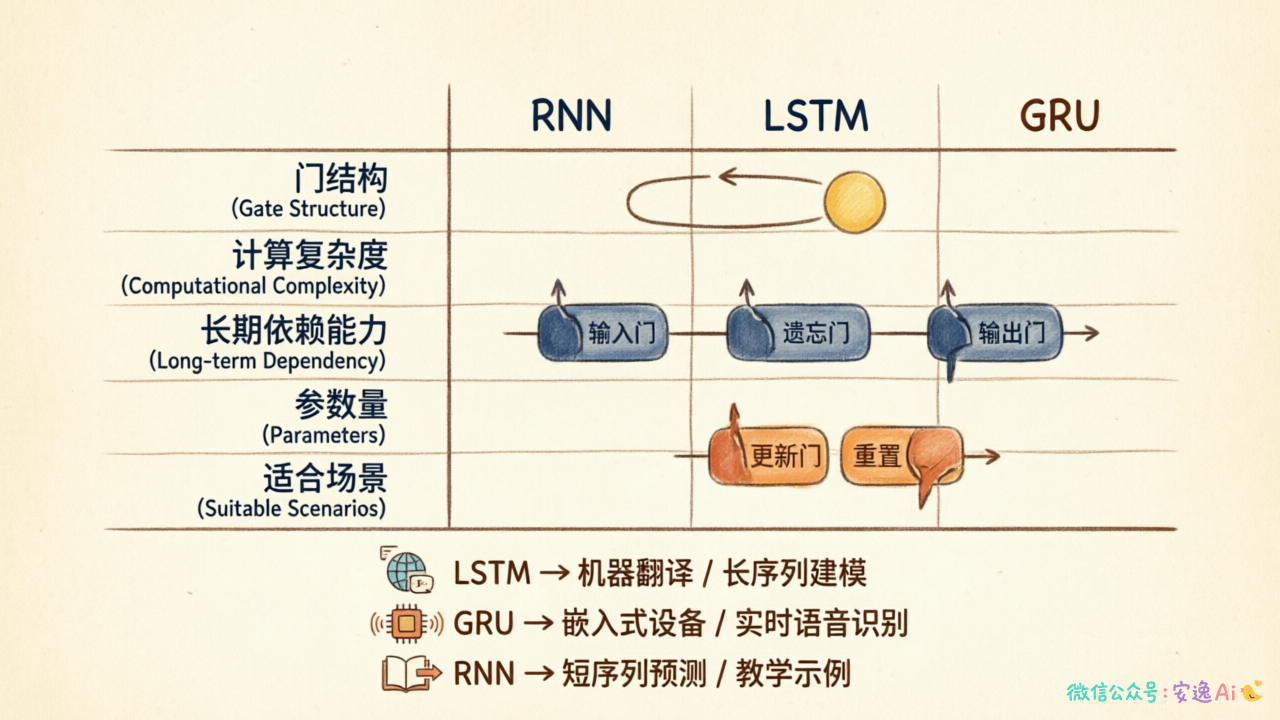 RNN家族性能对比表,涵盖门结构、复杂度、长期依赖能力、参数量等维度