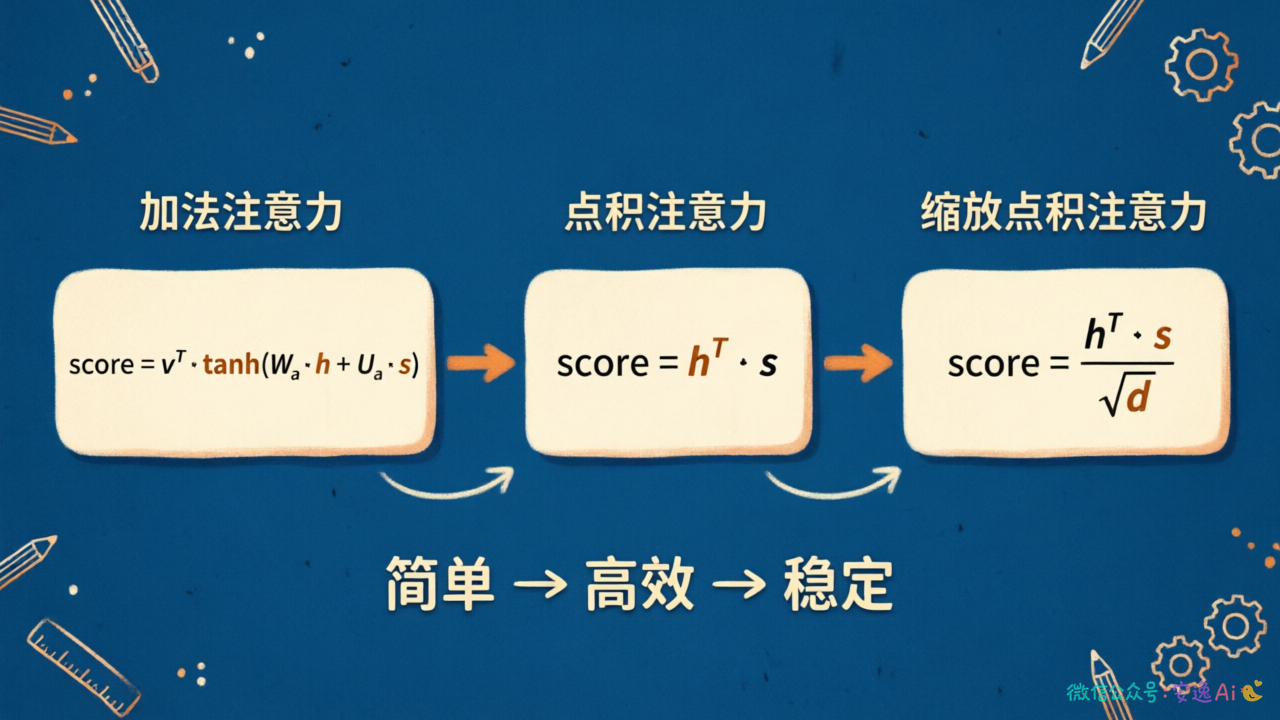 加法注意力→点积注意力→缩放点积注意力的演进及公式对照图