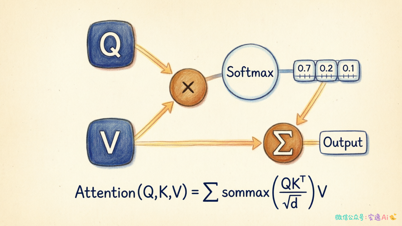 Query 匹配 Key 生成权重,再对 Value 加权求和的完整流程图