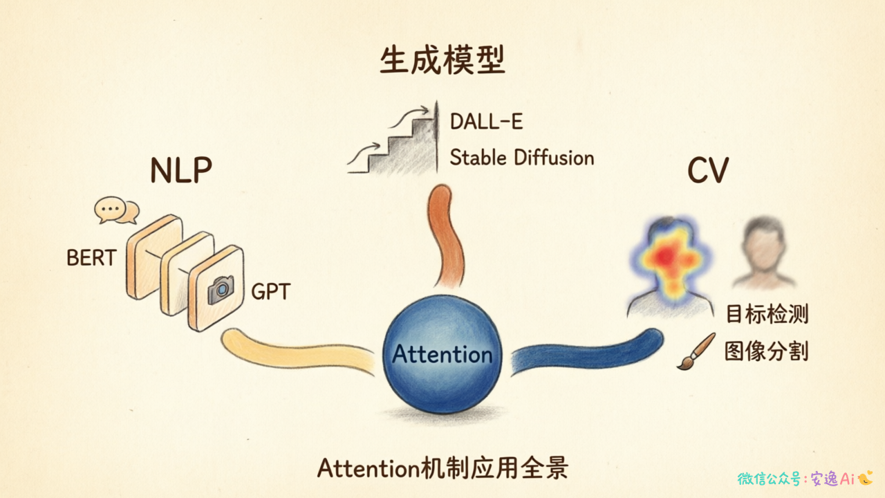 注意力机制应用场景全景图(NLP、CV、生成模型三领域代表)