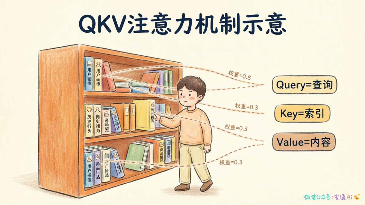 QKV三向量计算过程简图,展示Query匹配Key并加权Value的流程,用图书馆找书的场景类比