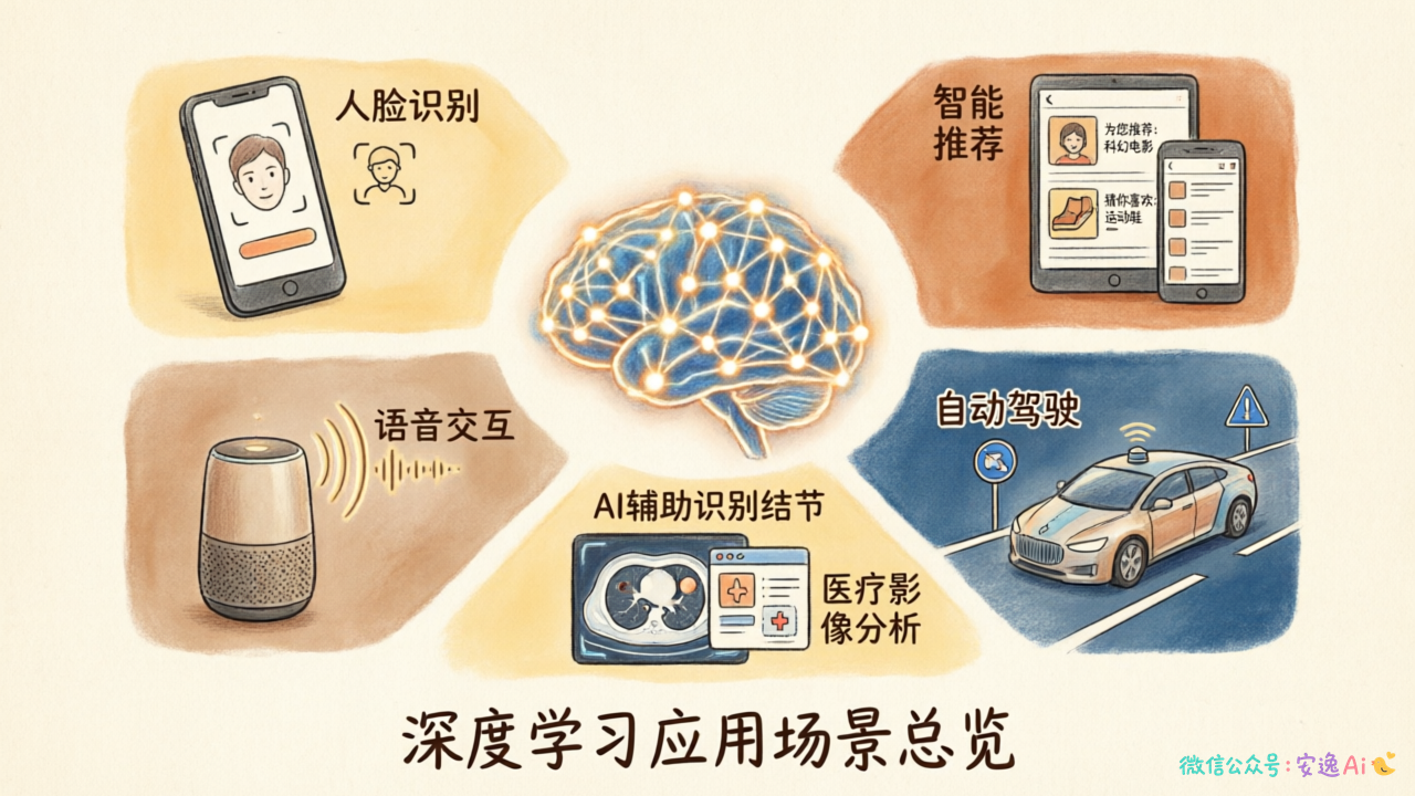深度学习应用场景总览(手机刷脸、智能推荐、语音助手、自动驾驶、医疗诊断),展现技术在日常生活中的渗透