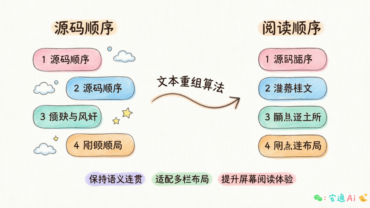 流程图展示多栏PDF的源码顺序与阅读顺序的差异,以及文本重组过程