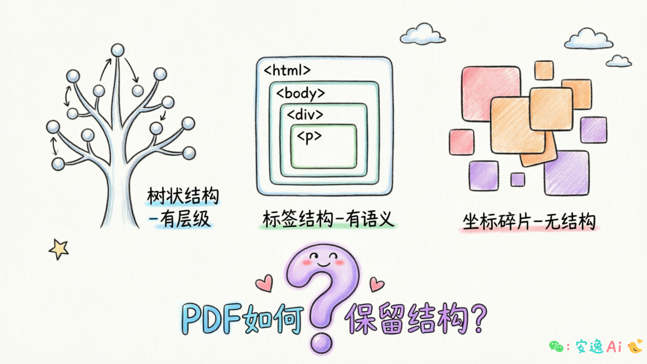 对比图展示Word树状结构、HTML标签结构、PDF坐标碎片三者的结构差异